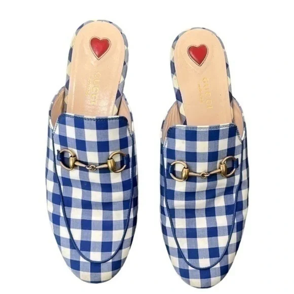 GUCCI Princetown White and Blue Gingham Loafer Mules Size 37.5 - Picture 2 of 7